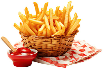 French fries and ketchup in the basket illustration PNG element cut out transparent isolated on white background ,PNG file ,artwork graphic design.