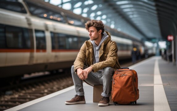 Young man at train station with suitcase, city commute photo