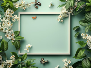 White frame on green background with white flowers and leaves foreground. 3d illustration.