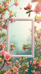 Light pink frame on blurred green background with pink flowers and leaves foreground and background. 3d illustration.