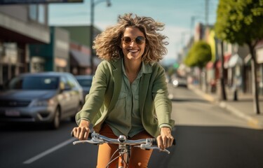 Naklejka na ściany i meble Woman happily rides bicycle on street, commuter lifestyle photo