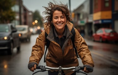 A woman enjoys cycling on the road, urban transportation image
