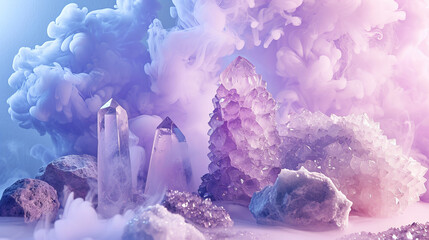 
Set of crystals and geodes with pastel lilac smoke - obrazy, fototapety, plakaty