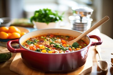 minestrone cooking in pot, wooden spoon stir