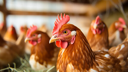 hen lays eggs at a chicken coop in a group of chickens at a bio farm. Hens in hen house. Chicken eggs in hen house. Chicken farm