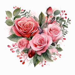 Bouquet of red roses, Valentine's day, wedding arrangement, watercolor illustration isolated on white background
