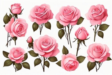 Pink rose, different flowers, watercolor illustration isolated on white background