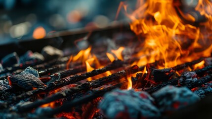 Hot BBQ grill with flaming fire and charcoal For a background image of grilling food. - obrazy, fototapety, plakaty