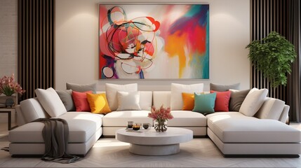 A modern living room designed with a neutral palette, incorporating pops of color through accent pillows and modern artwork
