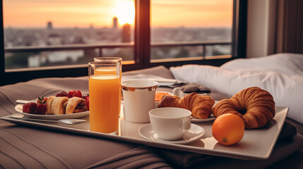Focus on fruit. In a hotel room with fruit, place a tray on the bed to welcome the arrival of VIP guests. - obrazy, fototapety, plakaty
