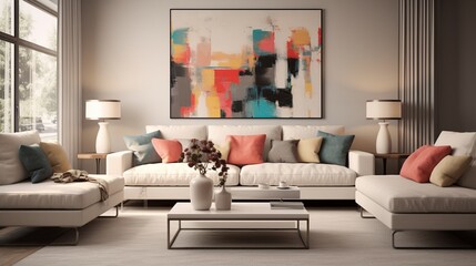 A modern living room designed with a neutral palette, incorporating pops of color through accent pillows and modern artwork