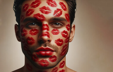 Portrait of man's face a bright red lipstick kiss marks on his cheeks. Concept of Valentine's Day, Passion, Love, Relationships, Romantic