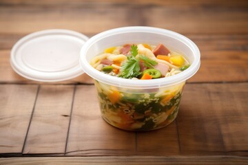 minestrone takeaway, plastic container, wooden background