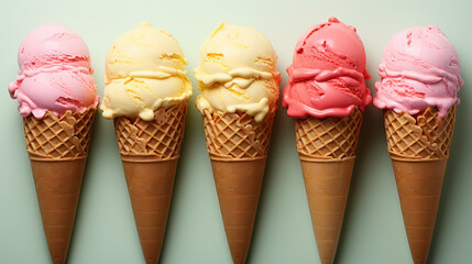 Delicious chocolate ice cream in crispy cones falling