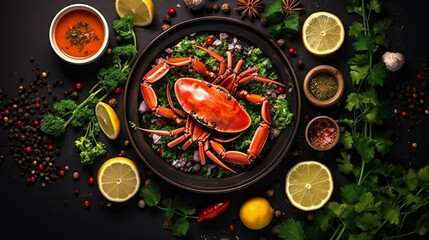 Cooked crabs on black plate served with white wine, black slate background - obrazy, fototapety, plakaty
