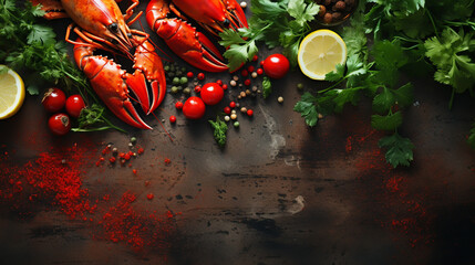 Boiled lobster with vegetables on a black stone plate. Seafood. Free space for your text. - obrazy, fototapety, plakaty