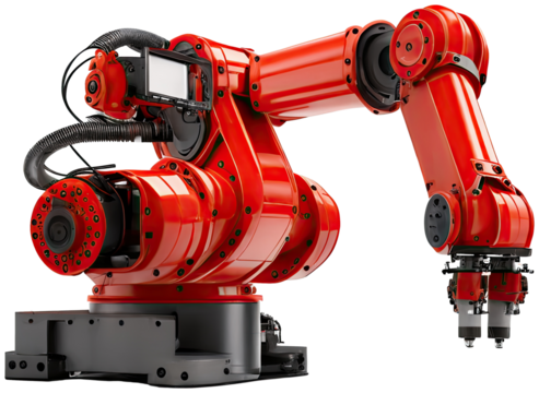 Red Industrial robot arm illustration PNG element cut out transparent isolated on white background ,PNG file ,artwork graphic design.