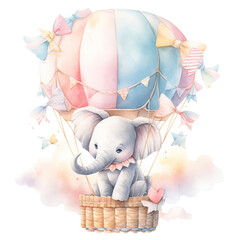 Festive and Playful Watercolor baby elephant with balloon Illustration for  Baby Shower  and First Birthday Decor, isolated on transparent background