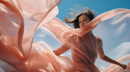 A stunning portrait of a woman enveloped in swirling pastel fabrics, creating an effect of weightlessness and grace.
