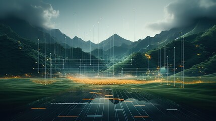 Digital visualization of a lush green valley with futuristic overlay lines and light particles, depicting an intersection of nature and technology.
