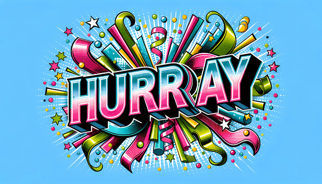"HURRAY" in an exuberant, bold font, which is central to a burst of colorful decorations including stars, ribbons, and dots.