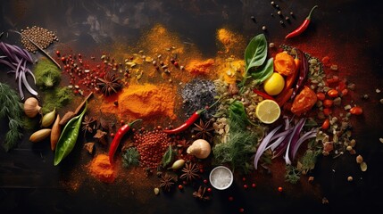 A dynamic explosion of various spices and herbs, creating a visually stunning composition for gastronomy and cooking.