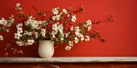 rustic floral decoration in front of a red and white wall