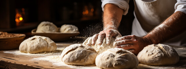 Making dough by hands at bakery - obrazy, fototapety, plakaty