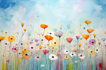 Floral Bliss: A Colorful Spring Meadow of Flowers - An Abstract Watercolor Painting on Textured Canvas.
