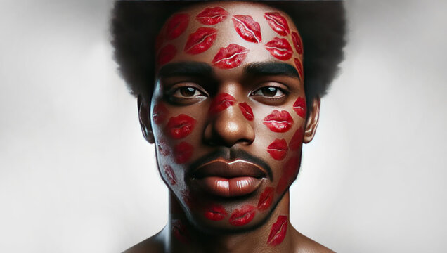 Portrait of black man's face a bright red lipstick kiss marks on his cheeks. Concept of Valentine's Day, Passion, Love, Relationships, Romantic