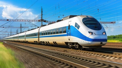 As the train streaks by, it adds a sense of energy and vitality to the bustling city streets