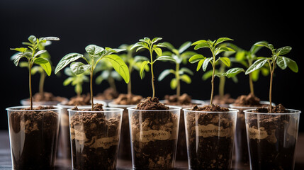 Potted flower seedlings growing in biodegradable peat moss pots on wooden background. Zero waste, recycling, plastic free gardening concept - obrazy, fototapety, plakaty
