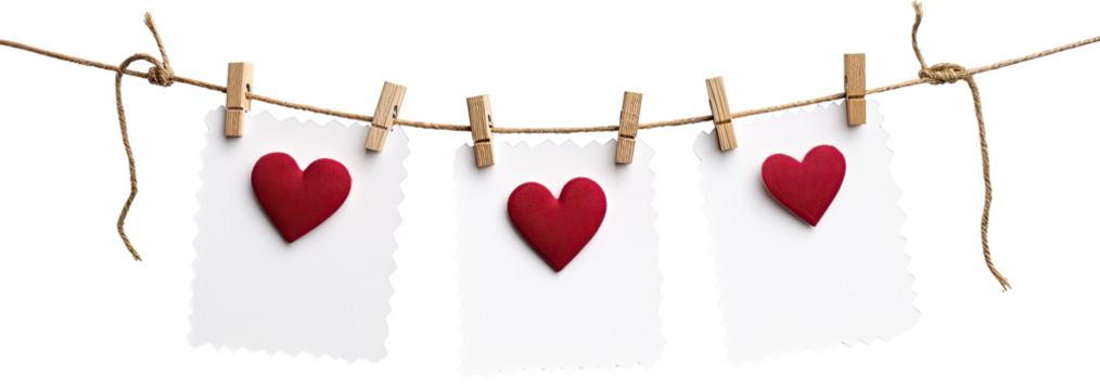 Heart love garland blank empty paper sheet attached with wooden wood pegs on string illustration PNG element cut out transparent isolated on white background ,PNG file ,artwork graphic design.