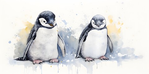 Watercolor illustration of two penguins on white background. - obrazy, fototapety, plakaty