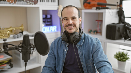 Smiling bald man with beard in denim wearing headphones sits in a music studio with microphone and...