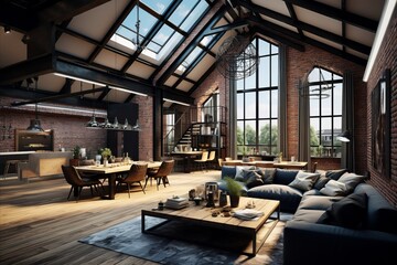 Urban industrial loft with dark blue dusk color scheme, high ceilings, and minimalist furniture