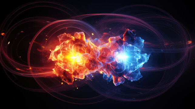 Scientific concept of depicting the fusion of two atoms. Sci-fi background. Quantum physics. Generative AI