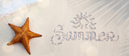 Abstract summer tropical holidays banner; sandy beach and wave on the edge of clear water, starfish...