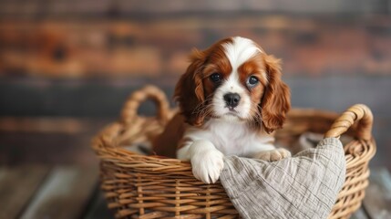 Photo of a small red and white Cavalier King Charles Spaniel puppy sitting in a wicker basket
