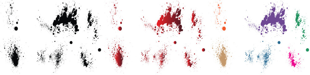Vector set of blood splash orange, purple, red, wheat, black, green color watercolor paint brush background