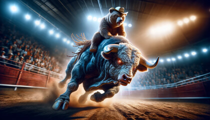 stock market rodeo, a bear donning a cowboy hat struggling atop a ferocious bull captures the clash between bearish trends trying to rein in a bullish surge, encapsulating the unpredictable nature  - obrazy, fototapety, plakaty