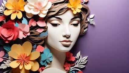 Illustration of face and flowers style paper cut with copy space for international women's day 