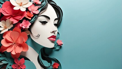 Illustration of face and flowers style paper cut with copy space for mother day and international women's day