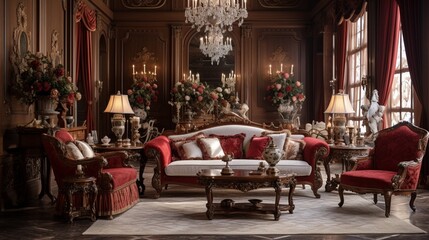 Fototapeta na wymiar A traditional living room boasting a formal setting with rich, luxurious fabrics, and antique furnishings