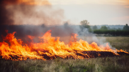 Dry grass burns on meadow in countryside at sunset. Wild fire burning dry grass in field. Orange flames and billowing smoke. Open fire.
