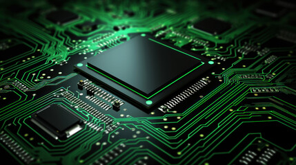 Fototapeta premium Minimalistic image of green printed circuit board with processor on black background with copying space. Generative AI