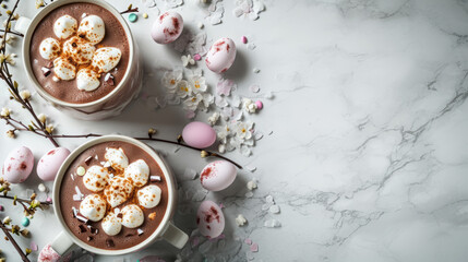 Obraz na płótnie Canvas Deluxe Hot Chocolate with Marshmallows and Easter Eggs - Great for Seasonal Beverage Marketing
