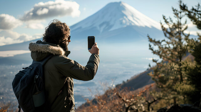 tourist using smartphone to take photos, world travel concept