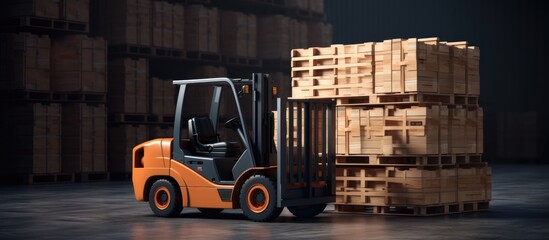 Moving wooden crates into cargo containers using forklifts. Transporting goods using shipping trucks for delivery services in the supply chain logistics of warehouses.