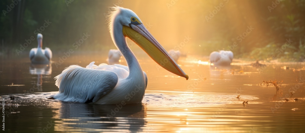 Sticker Danube delta's diverse wildlife, including pelican, heron, egret, and a black bird, highlighting nature's beauty.